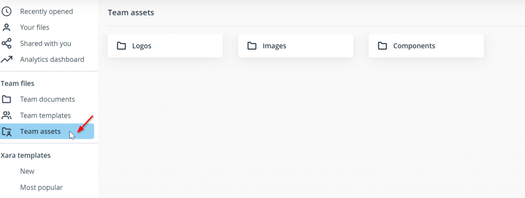 Manage asset using your team folders in Xara Cloud