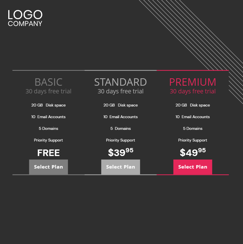 Comparison Table for Showing Pricing Plans