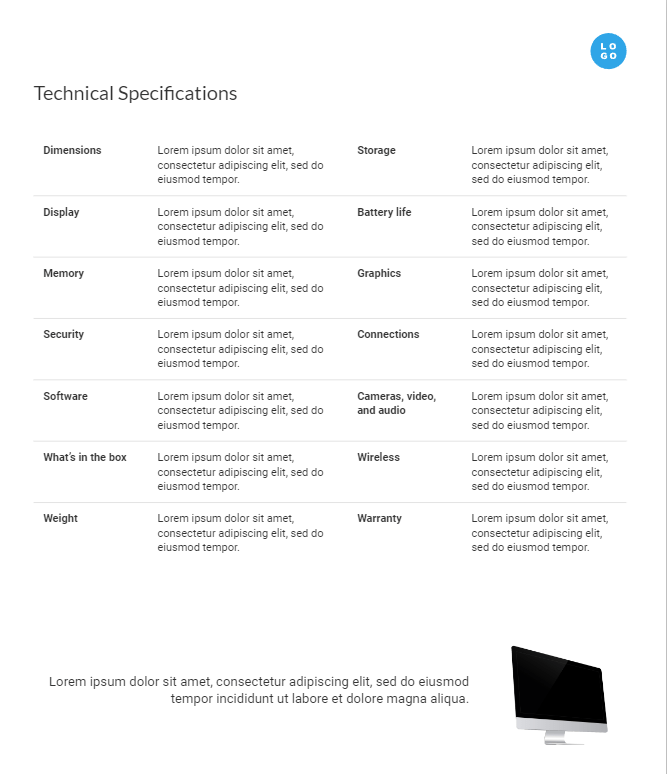 Comparison Table for Product Sheets 