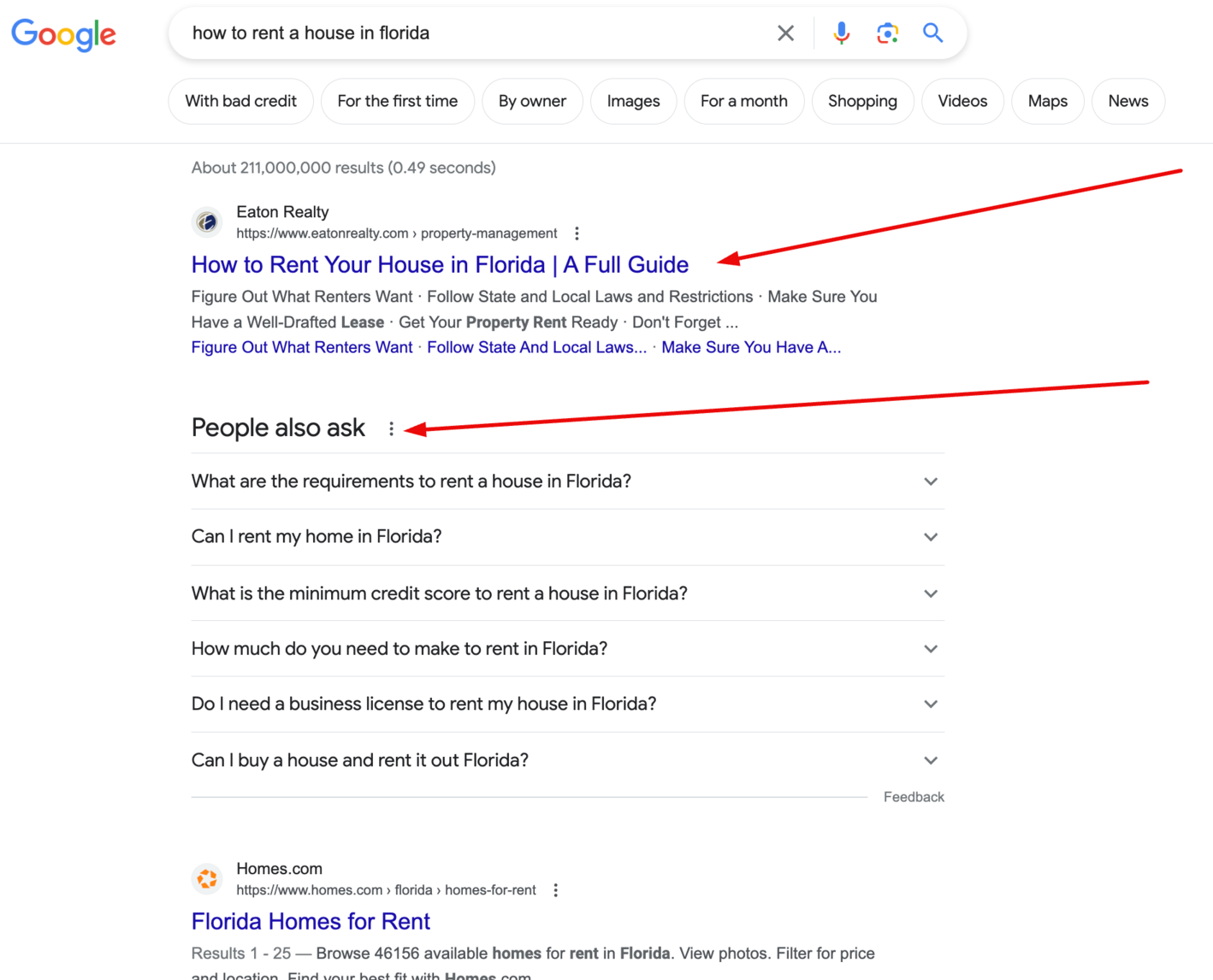 Google search results page for “how to rent a house in Florida”